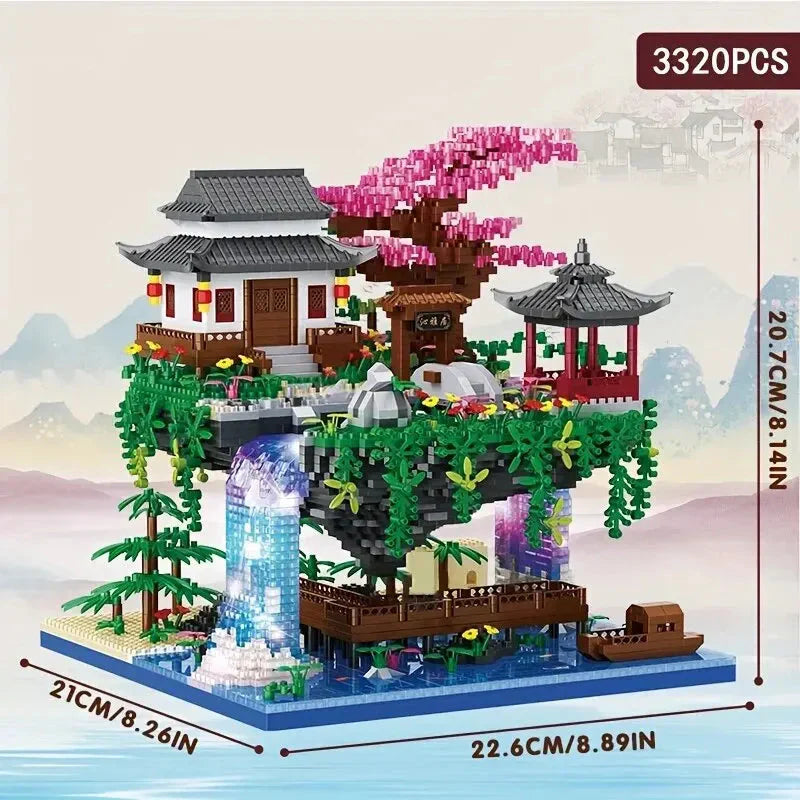 Hjemix | 3320PCS Blokker Trehus Diamant Bygging Hage Arkitektur Foss Lys DIY Murstein Kirsebærblomst Leketøy for Barn Voksen Gave
