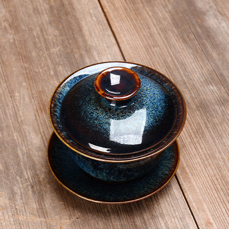 Hjemix | Vintage Brennovn Keramisk Gaiwan Sancai Tekopp Tekopp og Tallerken med Lokk