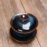 Hjemix | Vintage Brennovn Keramisk Gaiwan Sancai Tekopp Tekopp og Tallerken med Lokk