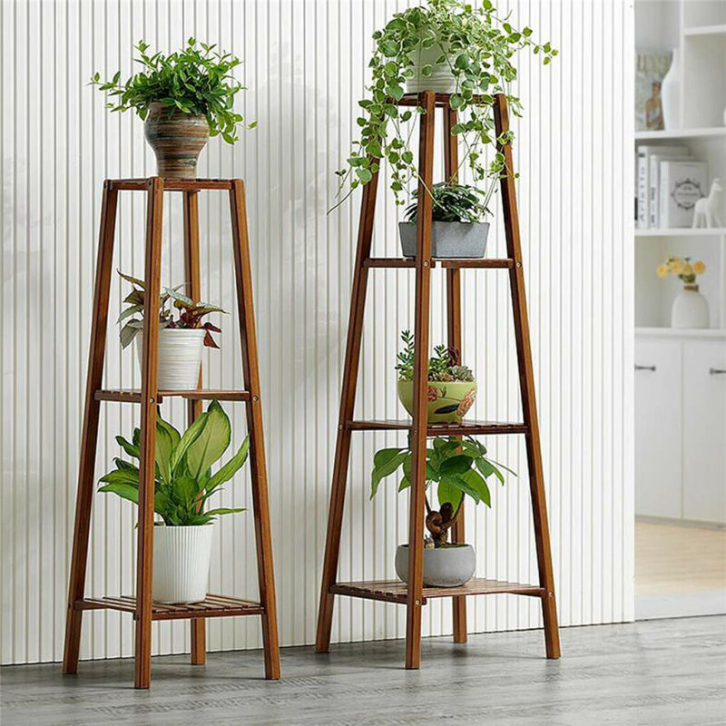 Hjemix | 2 Tier Høy Plante Stativ Pottholder Lite Rom Bord Hage Blomsterpotte Brun