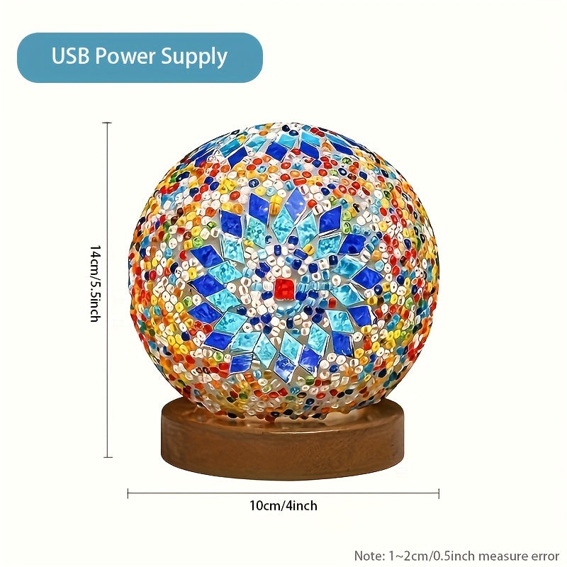 Hjemix | Mosaikk glass kule bordlampe med trebase - Tyrkisk marokkansk inspirert