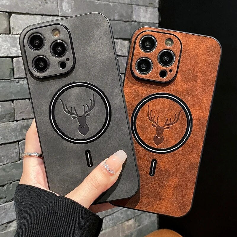Hjemix | Luxury Deer Leather Apple iPhone Case | Magnetisk telefonveske, trådløs veske, MagSafe, trådløs lading, beskyttelsesveske, deksel for iPhone 15, 14, 13 Pro Max Plus