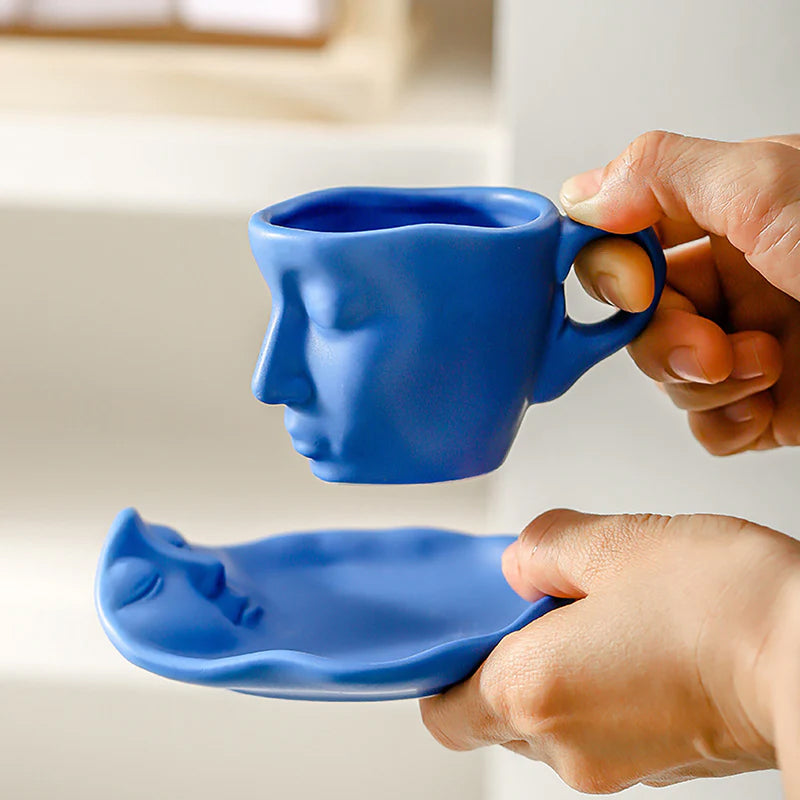Hjemix | Metal Touching Face Creative Ceramic Kiss Kaffekopp, Kunstnerisk Vibe Krus & Tallerken Sett
