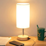 Hjemix | Lampe med USB-tilkobling Berøringskontroll Bordlampe for Soverom Tre 3-trinns dimbar Sengelampe med Rund Linestoffskjerm for Stue, Studenthybel, Hjemmekontor