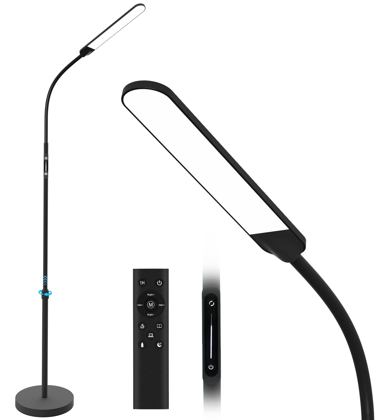 Hjemix | Nxone Justerbar Led Gulvlampe, Svart, Moderne Leselys Med 4 Farger & Stegløs Lysstyrke
