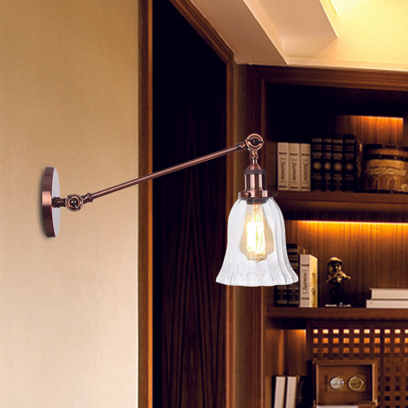Hjemix | Svart/Brons/Messing 1 Lys Vegglampe Vintage Klar Glassklokke Vegglampe med Arm, 8"/12" Lang