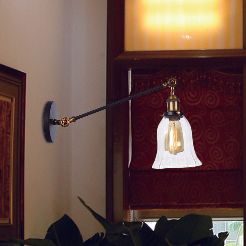 Hjemix | Svart/Brons/Messing 1 Lys Vegglampe Vintage Klar Glassklokke Vegglampe med Arm, 8"/12" Lang