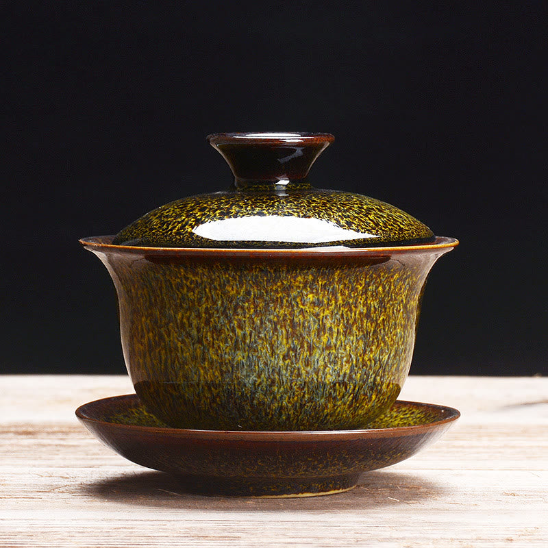 Hjemix | Vintage Brennovn Keramisk Gaiwan Sancai Tekopp Tekopp og Tallerken med Lokk