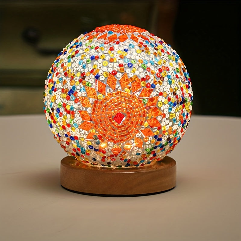 Hjemix | Mosaikk glass kule bordlampe med trebase - Tyrkisk marokkansk inspirert