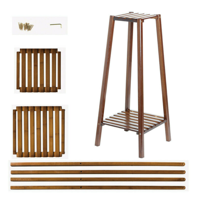Hjemix | 2 Tier Høy Plante Stativ Pottholder Lite Rom Bord Hage Blomsterpotte Brun