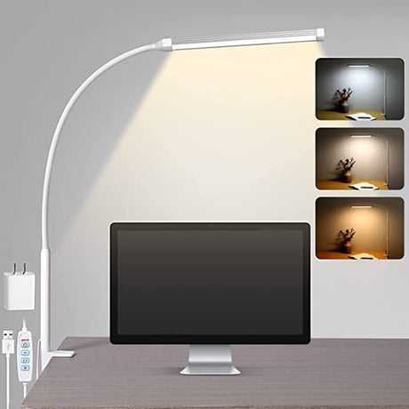 Hjemix | LED Skrivebordslampe - Øyevennlig Skrivebordslampe med Klemme, Fleksibel Svingarm, 3 Moduser, 10 Lysnivåer, USB Adapter