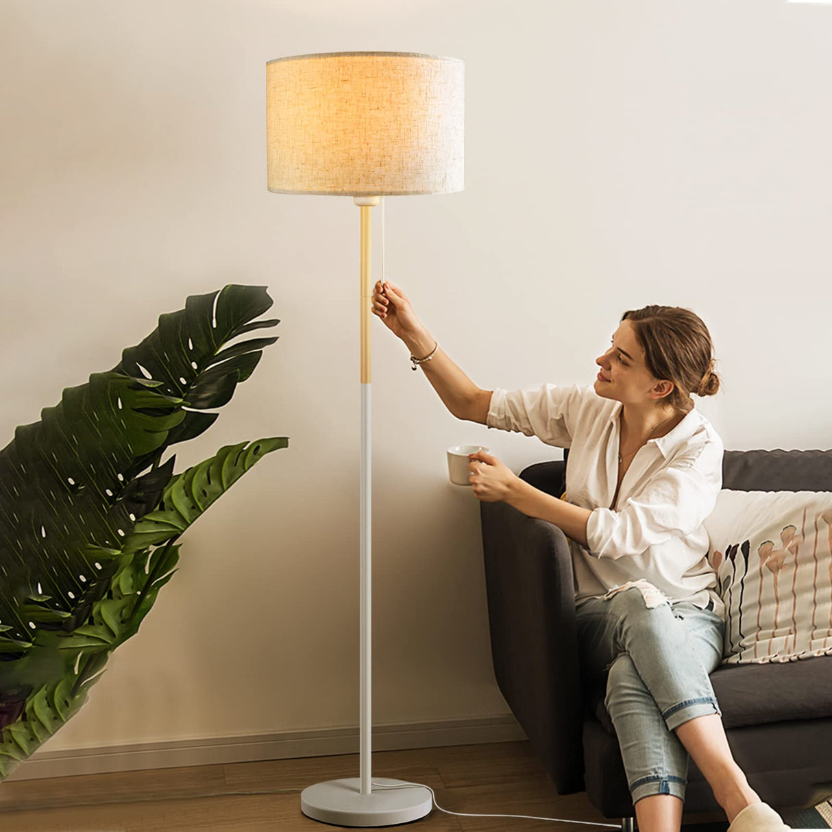 Hjemix | Lalisu Moderne Hvit Gulvlampe - Mid-Century Bondehusdesign Med Lin Skjerm For Stue