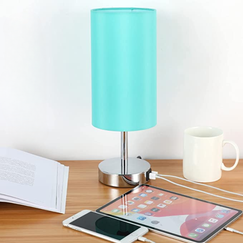 Hjemix | Lampe med USB-tilkobling Berøringskontroll Bordlampe for Soverom Tre 3-trinns dimbar Sengelampe med Rund Linestoffskjerm for Stue, Studenthybel, Hjemmekontor