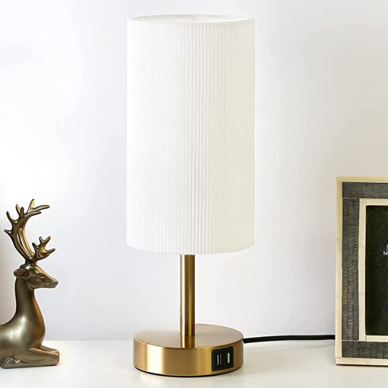 Hjemix | Lampe med USB-tilkobling Berøringskontroll Bordlampe for Soverom Tre 3-trinns dimbar Sengelampe med Rund Linestoffskjerm for Stue, Studenthybel, Hjemmekontor