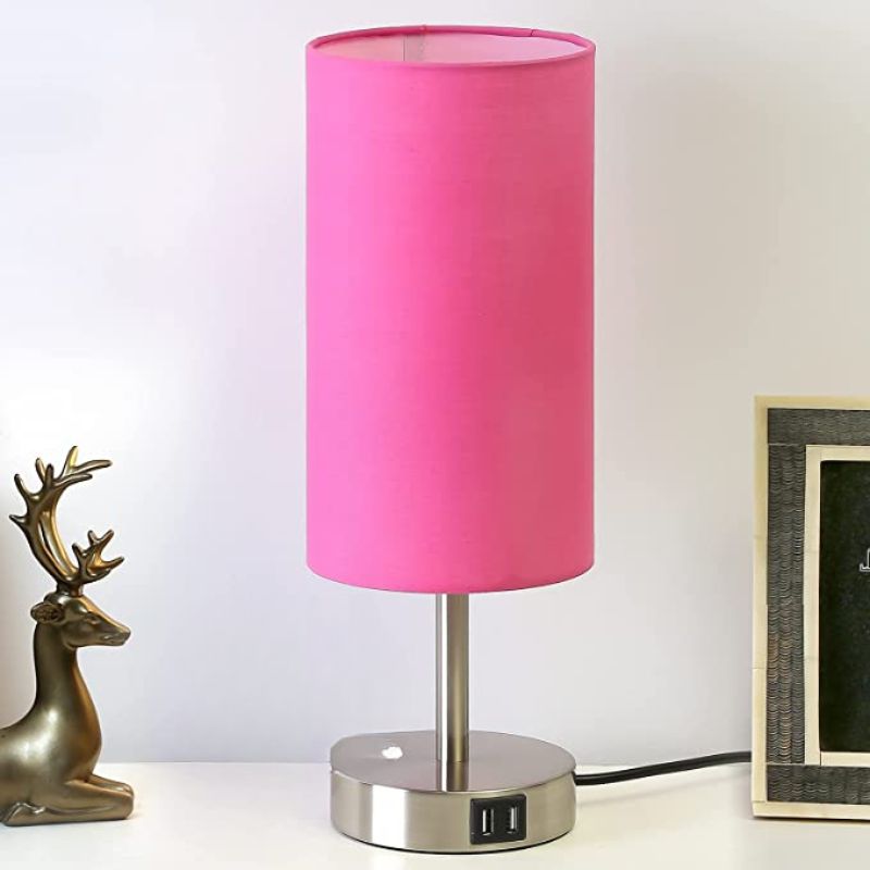 Hjemix | Lampe med USB-tilkobling Berøringskontroll Bordlampe for Soverom Tre 3-trinns dimbar Sengelampe med Rund Linestoffskjerm for Stue, Studenthybel, Hjemmekontor