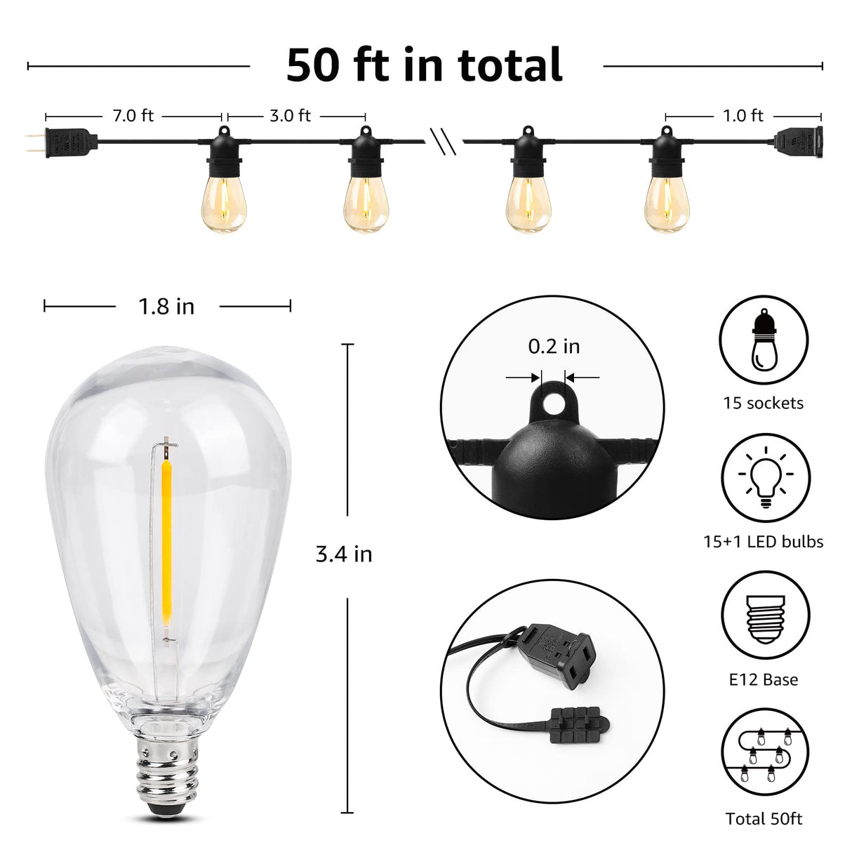 Hjemix | Lepro 50Ft Utendørs Lyskastere, 15 Varme Hvite Led Pærer, Vanntett Bistro Terrassebelysning