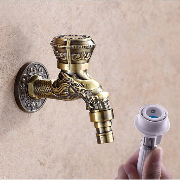 Hjemix | Vintage Classic Faucet Water Lock Single Handle Dragon Engraving Wall Mounted Faucet