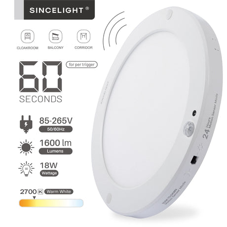 Hjemix | Sincelight Pir Led Bevegelsessensor Taklampe, 18W Ultrathin, Varm Hvit, Skumringslys