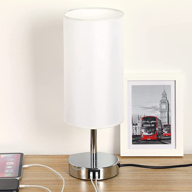 Hjemix | Lampe med USB-tilkobling Berøringskontroll Bordlampe for Soverom Tre 3-trinns dimbar Sengelampe med Rund Linestoffskjerm for Stue, Studenthybel, Hjemmekontor