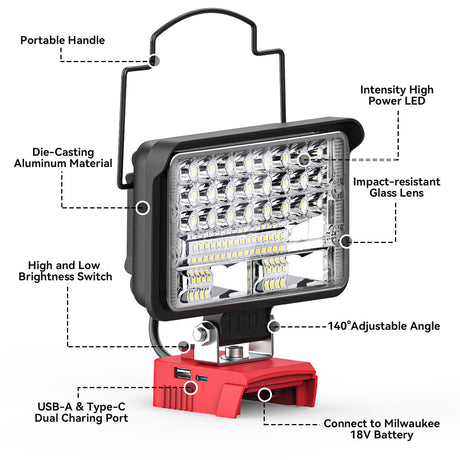 Hjemix | Ecarke 60W Bærbar Led Arbeidslys For Milwaukee M18, 6800 Lumens, Usb & Type C Lading