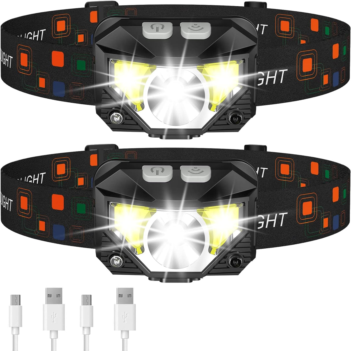Hjemix | 2-Pakning Ultra-Lys LED Oppladbar Hodelykt Lommelykt Vanntett Og Bevegelsessensor