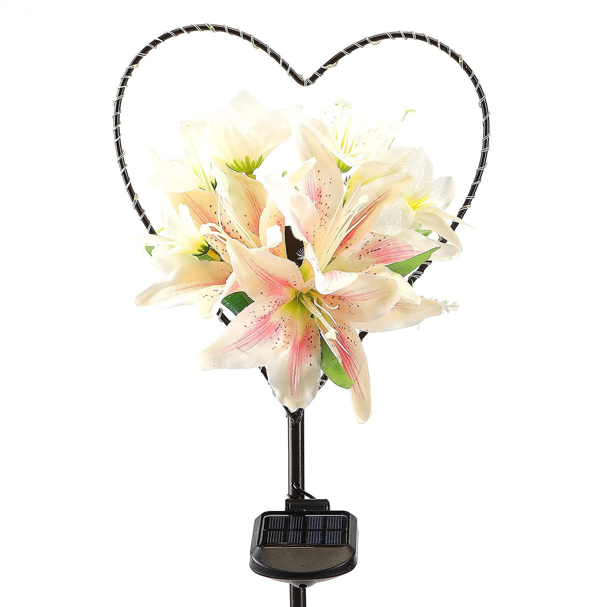Hjemix | Starryfill Hjerteformet Solcellehagebelysning Med Hvite Lilje Blomster - 25 Led Varme Hvit