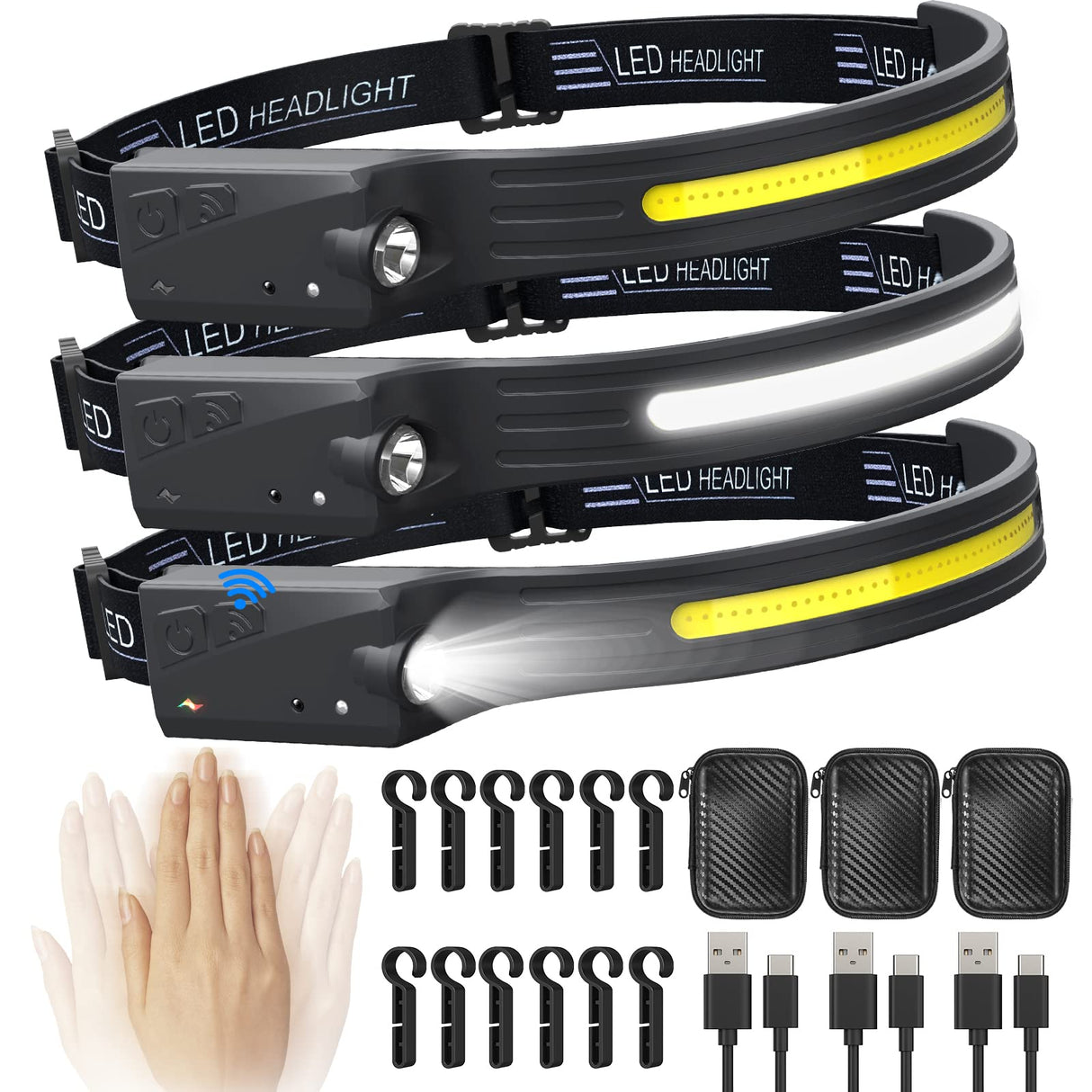 Hjemix | Qtree Intelligence 3Pcs Rechargeable Headlamp, 5 Modes Led, Motion Sensor, Ipx4, 230° Wide Beam