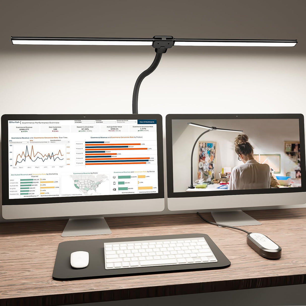 Hjemix | Shinetech Led Skrivebordslampe For Hjemmekontor, 4000k Nøytral Hvit Dobbel Hode Arkitekt Oppgave Lamper Med Klemme, Dimbar Justerbar Fl