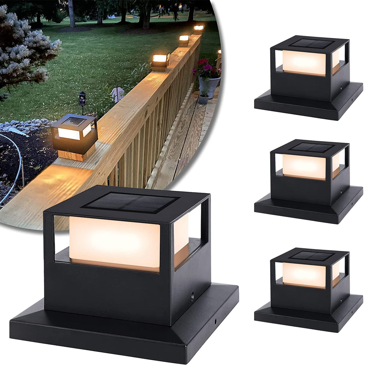 Hjemix | Viewsun Solcelle Postlys 4 Pakke - Vanntette Led Hekkslys For 4X4, 5X5, 6X