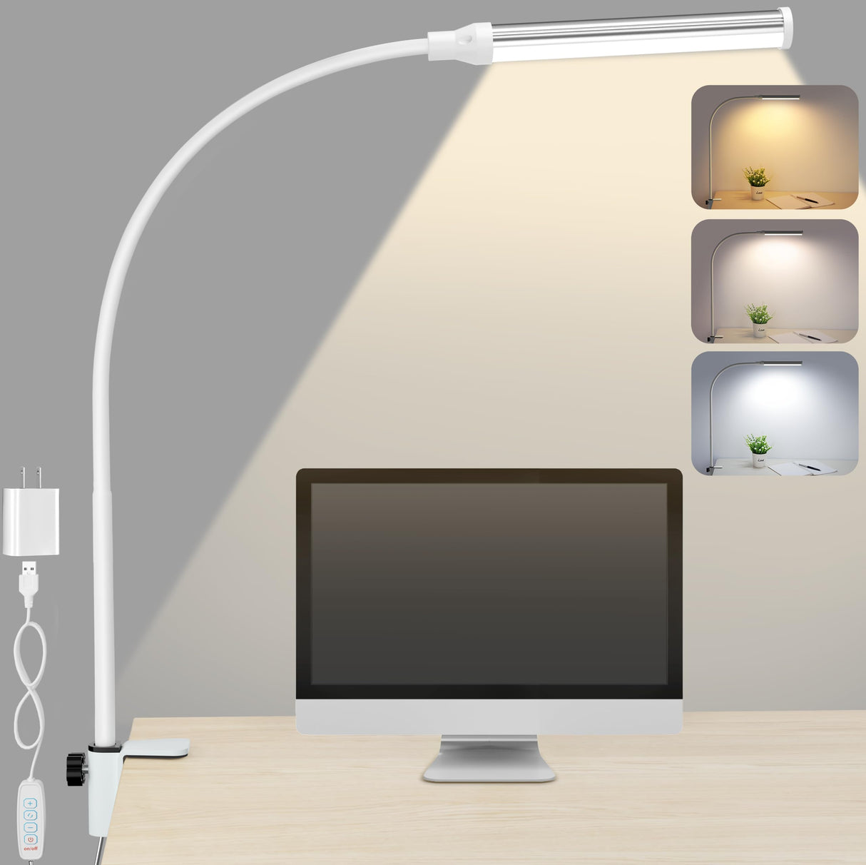 Hjemix | Shinetech Led Skrivebordslampe For Hjemmekontor, Øyevennlig Skrivebordlys Med Klemme, 3 Farger Trinnløs Lysstyrke Justerbar Fleksibel Gås