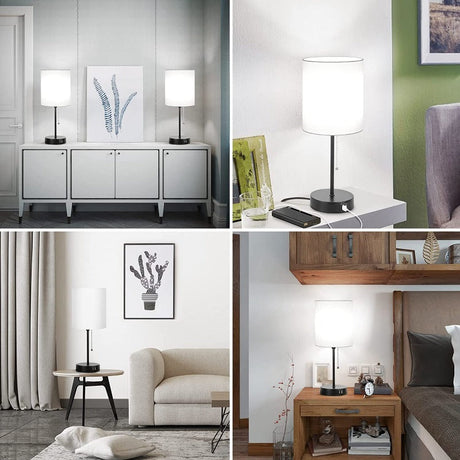 Hjemix | Bordlampe sett av 2 med USB ladeporter, grå nattbordlamper med AC-utgang, nattbordlamper med trekkbryter, minimalistiske moderne skrivebordslamper med tekstilskjerm for stue soverom kontor