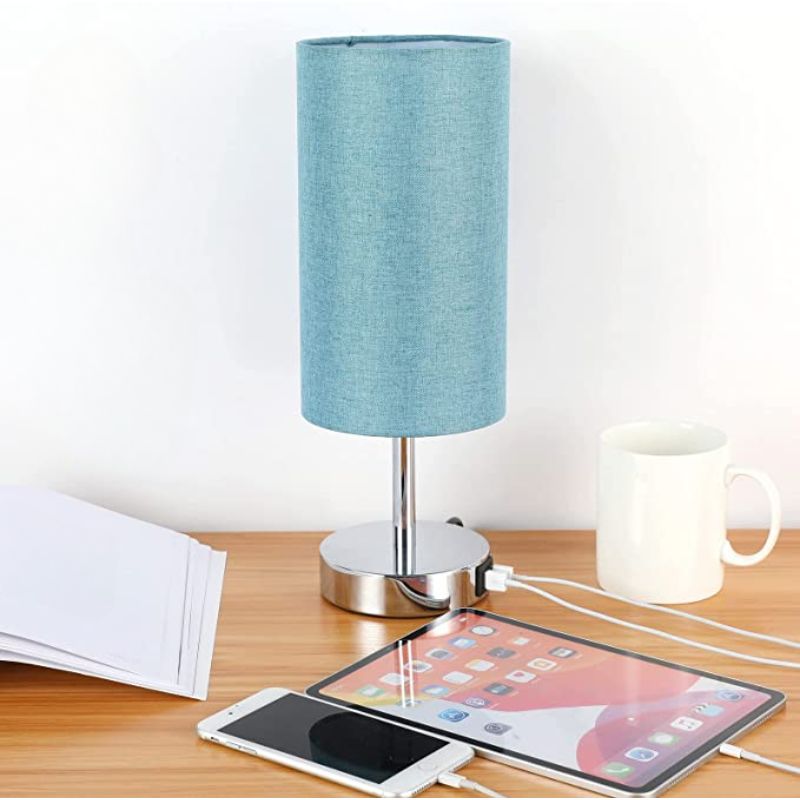 Hjemix | Lampe med USB-tilkobling Berøringskontroll Bordlampe for Soverom Tre 3-trinns dimbar Sengelampe med Rund Linestoffskjerm for Stue, Studenthybel, Hjemmekontor