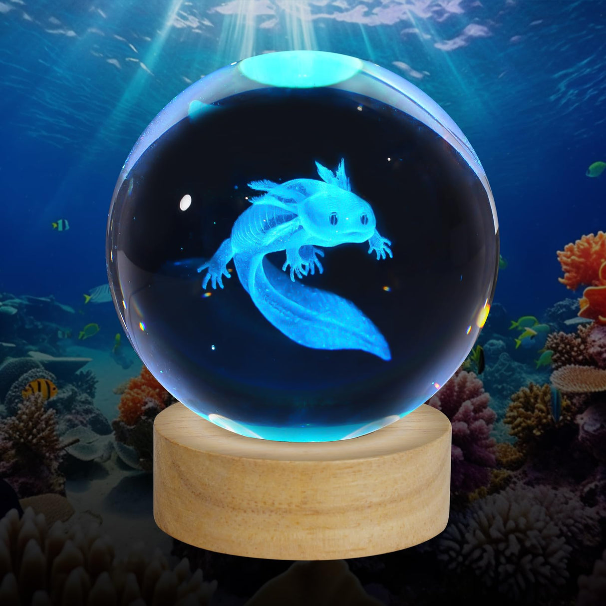 Hjemix | Zxblaq 3D Axolotl Krystallball Nattlampe, Oppgradert 3,15 Tommers Glassballampe Med 16 Farger Led Trebase, Axolotl Dekor Birt