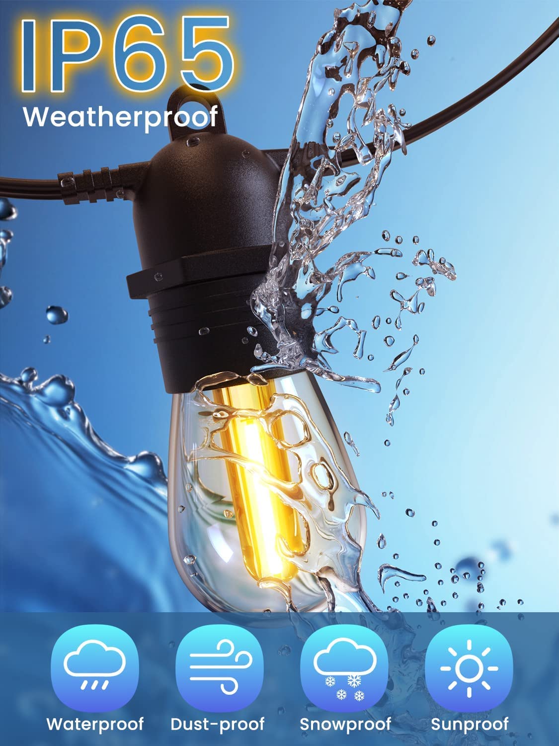 Hjemix | Festoon Lights Utendørs, 53FT/16M S14 Utendørs Hage LED Lyslenker, IP65 Vanntett Utendørs Lyslenker Hovedstrøm 2700K 15+1 (Erstatning) Lyspærer for Utendørs Terrasse Hage Bryllup Fest