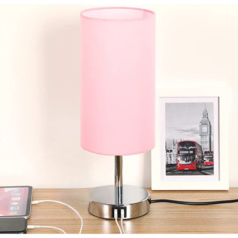 Hjemix | Lampe med USB-tilkobling Berøringskontroll Bordlampe for Soverom Tre 3-trinns dimbar Sengelampe med Rund Linestoffskjerm for Stue, Studenthybel, Hjemmekontor