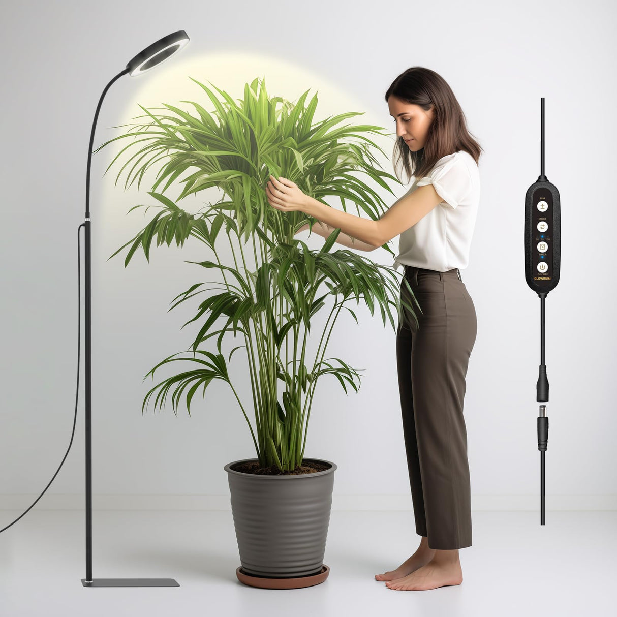 Hjemix | Glowrium Vekstlys For Innendørsplanter, 20W Led Plante Vekstlys Med Automatisk Timer, Full Spektrum Justerbar Høyde Stående Plante Vekstlys, 3 Lysmodus, 6-Nivå Dimbar (Svart)