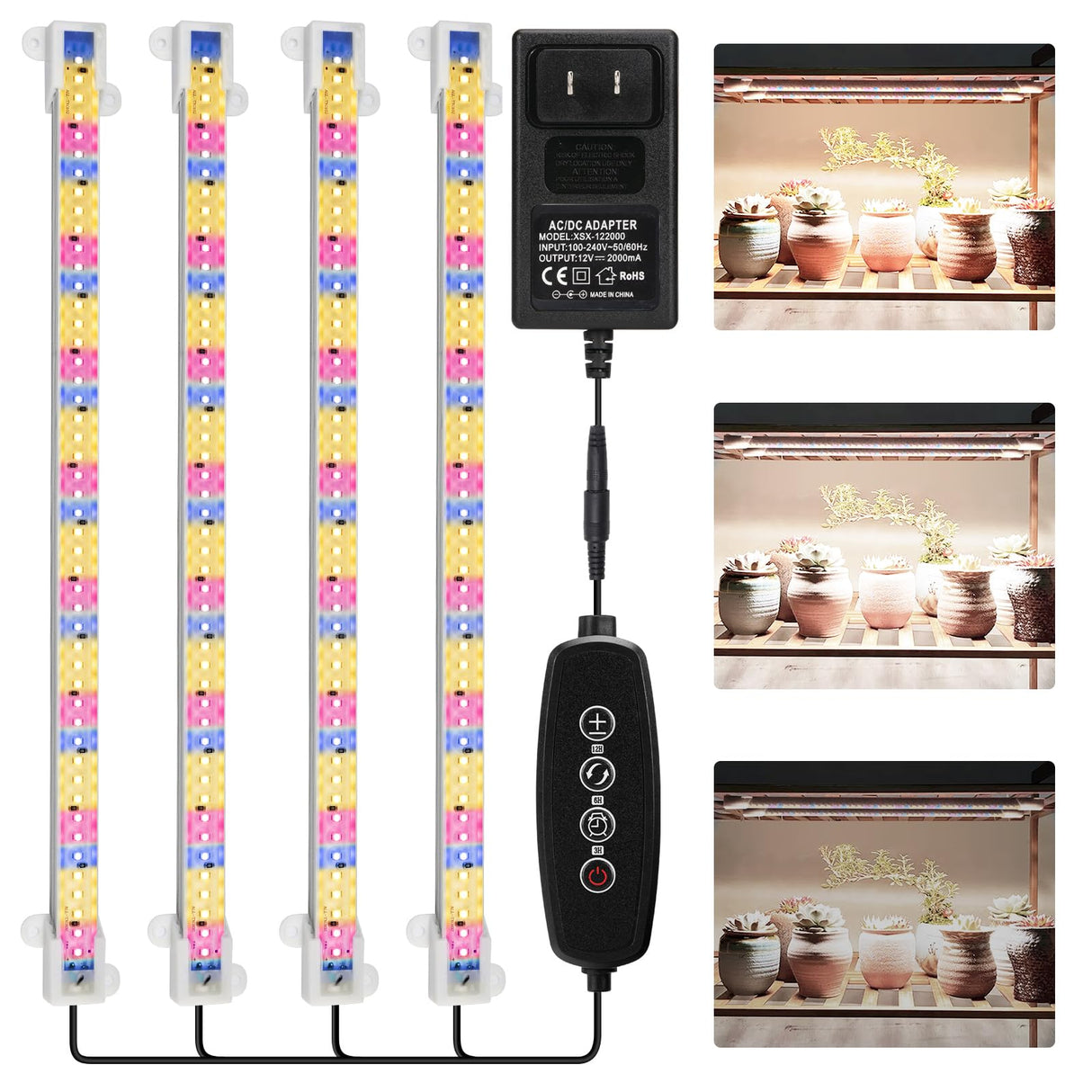 Hjemix | Mosthink Vekstlys Full Spektrum, Led Vekstlys Striper For Innendørs Planter, Plante Lys Med Auto På Av Timer 3 6 12T, 40W Dimbar 5500K Plante Vekstlampe Med 204 Hvite Røde Blå Leds, 4 Pakker