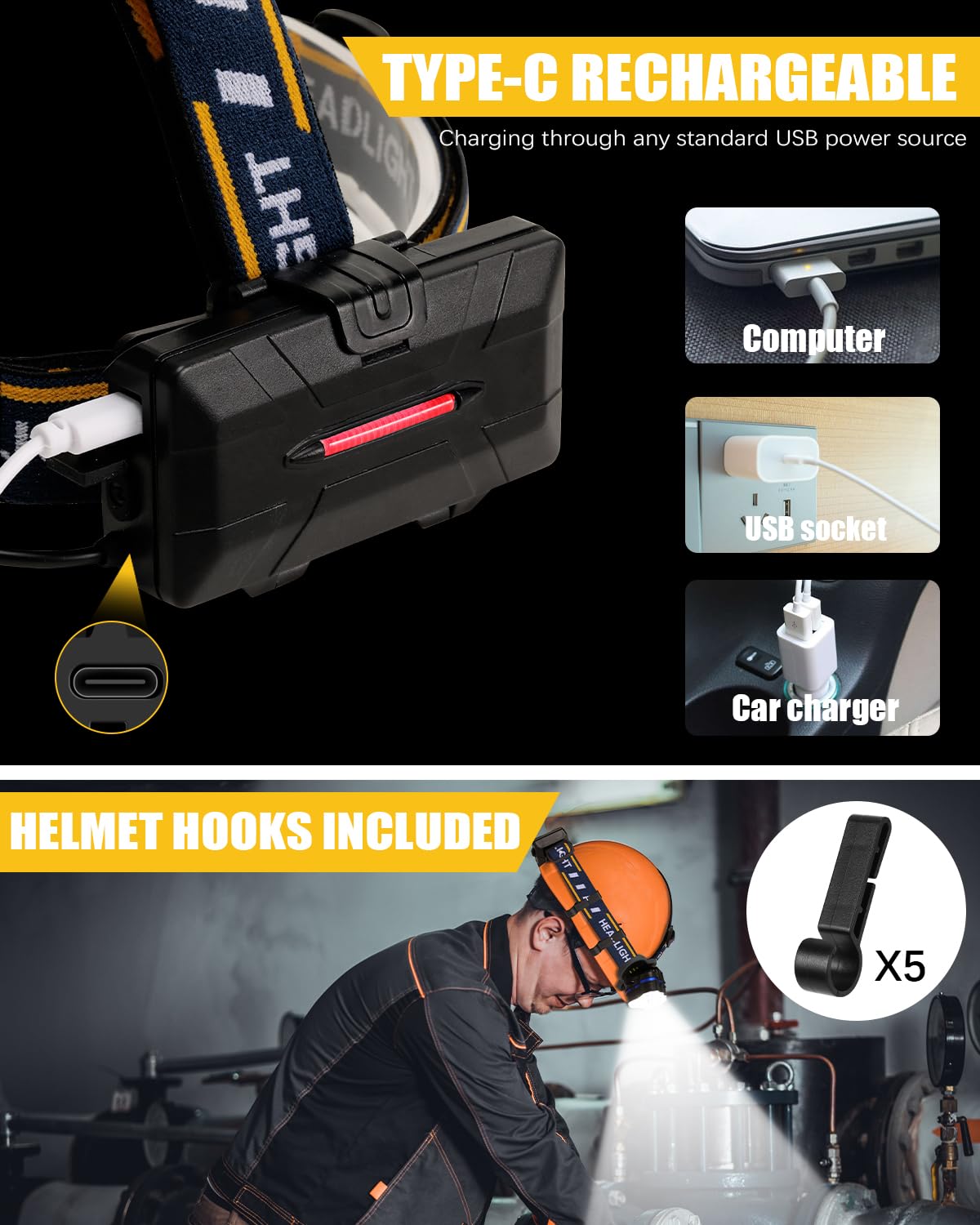 Hjemix | Ochter 18000 Lumen Oppladbar Hodelykt, 8 Moduser, Vanntett, Usb, Røde & Hvite Lys