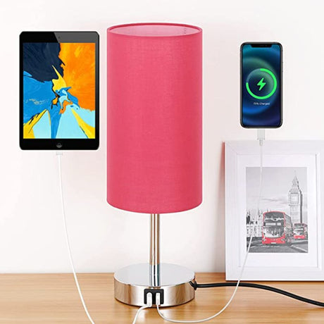 Hjemix | Lampe med USB-tilkobling Berøringskontroll Bordlampe for Soverom Tre 3-trinns dimbar Sengelampe med Rund Linestoffskjerm for Stue, Studenthybel, Hjemmekontor
