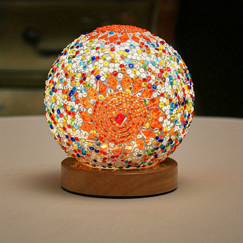 Hjemix | Mosaikk glass kule bordlampe med trebase - Tyrkisk marokkansk inspirert