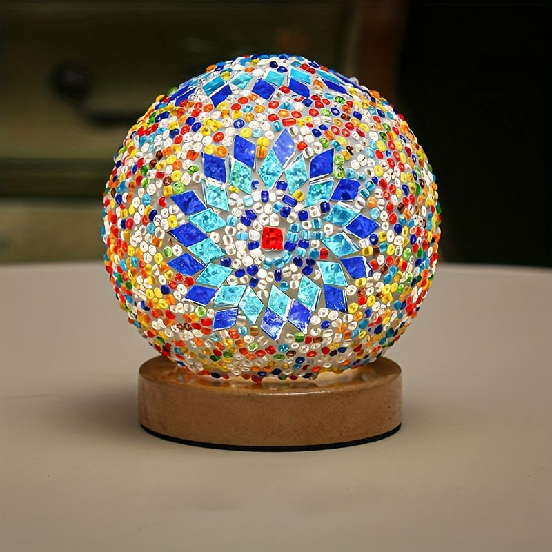 Hjemix | Mosaikk glass kule bordlampe med trebase - Tyrkisk marokkansk inspirert