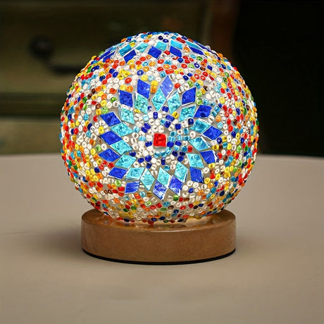 Hjemix | Mosaikk glass kule bordlampe med trebase - Tyrkisk marokkansk inspirert