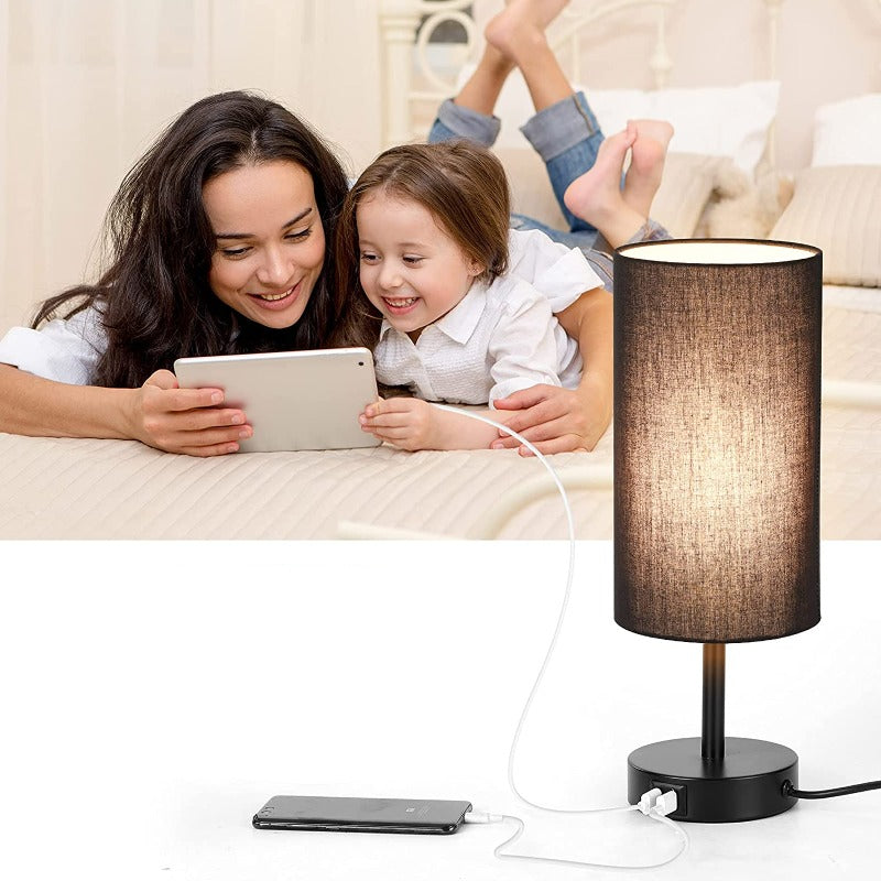 Hjemix | Lampe med USB-tilkobling Berøringskontroll Bordlampe for Soverom Tre 3-trinns dimbar Sengelampe med Rund Linestoffskjerm for Stue, Studenthybel, Hjemmekontor