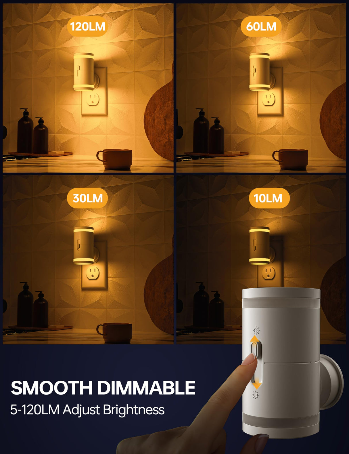 Hjemix | Kindeep Amber Nattlys Med Dusk Til Dawn Sensor, Dimmbar 5-120Lm, 2 Pakke For Soverom &