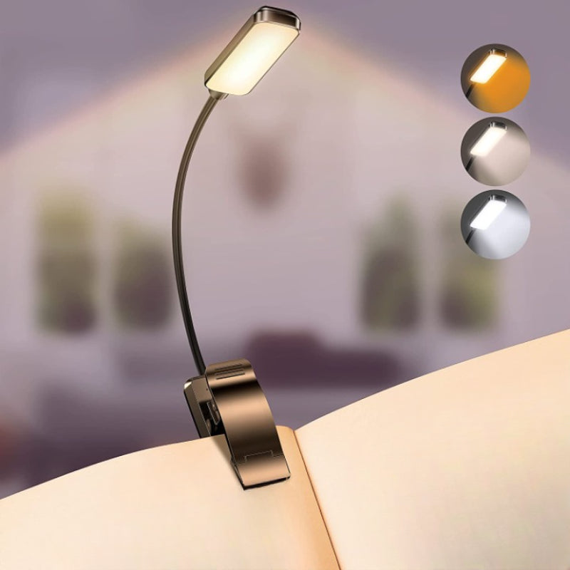 Hjemix | Kjøp 9 LED USB oppladbar leselampe for lesing i sengen - øyevennlig, trinnløs dimbar | Liten lettkledd klipsleselampe