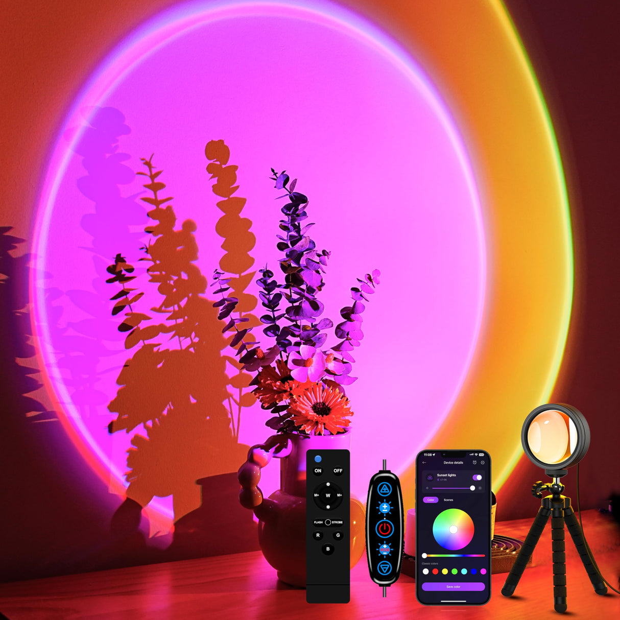 Hjemix | Xebkor Solnedgangsprojeksjonslampe med Fjernkontroll/APP Kontroll, Multicolor LED Solnedgangslys Nattlys, 360 Grad Rotasjon Solnedgangslampe for Fotografier/Fest/Innredning, Gaver til Julaften, Takkefest