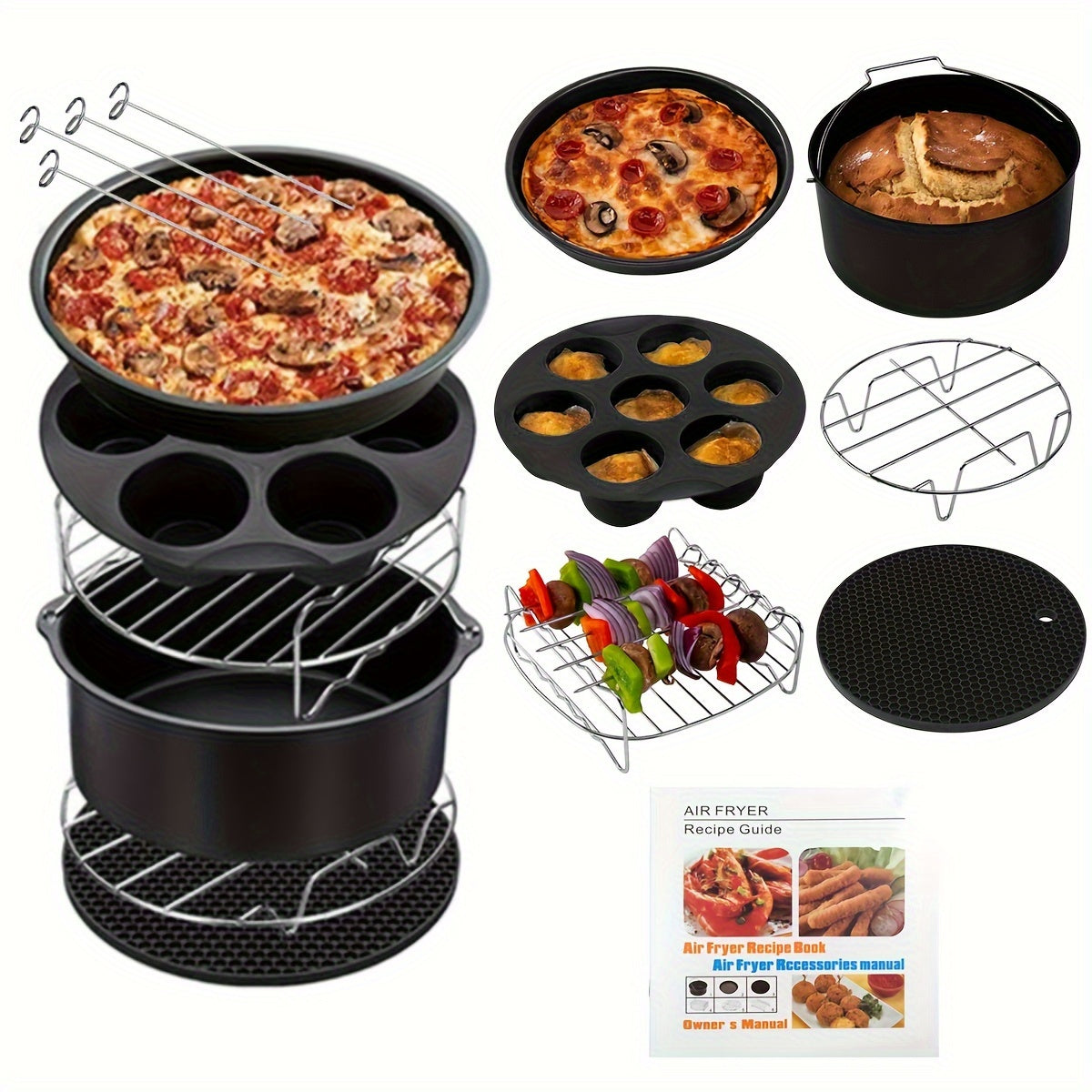 Hjemix | 11-delt 8-tommers Air Fryer tilbehørsett - Kompatibel med 3,7QT - 6,8QT Air Fryer, BPA-fri, oppvaskmaskin sikker, non-stick med kokebok