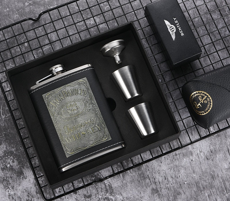 Hjemix | 8oz Whisky Flaske laget av Rustfritt Stål Alkohol Trakt Hofteflaske Brodert Gull Silke Stoff Emballasje Gaveeske Sett