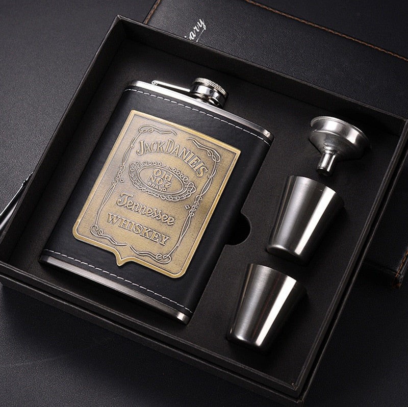 Hjemix | 8oz Whisky Flaske laget av Rustfritt Stål Alkohol Trakt Hofteflaske Brodert Gull Silke Stoff Emballasje Gaveeske Sett