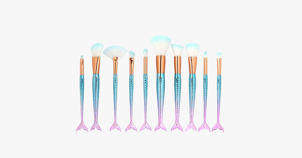 Hjemix | Havfrue Sminkekostsett med GRATIS Konturkost - Profesjonell Kosmetikkost for Øyenskygge, Eyeliner, Rouge & Concealer